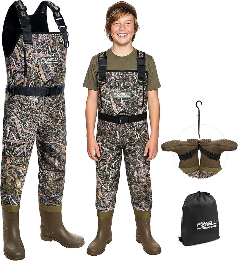 Foxelli Kids Chest Waders – 4mm Neoprene Waterproof Youth Waders with Boots for Duck Hunting and Fishing - Image 1